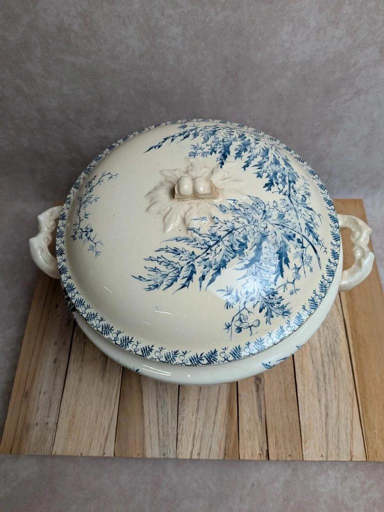 Sopera antigua de terracota Gien – Modelo Helecho – Decoración azul – photo 2